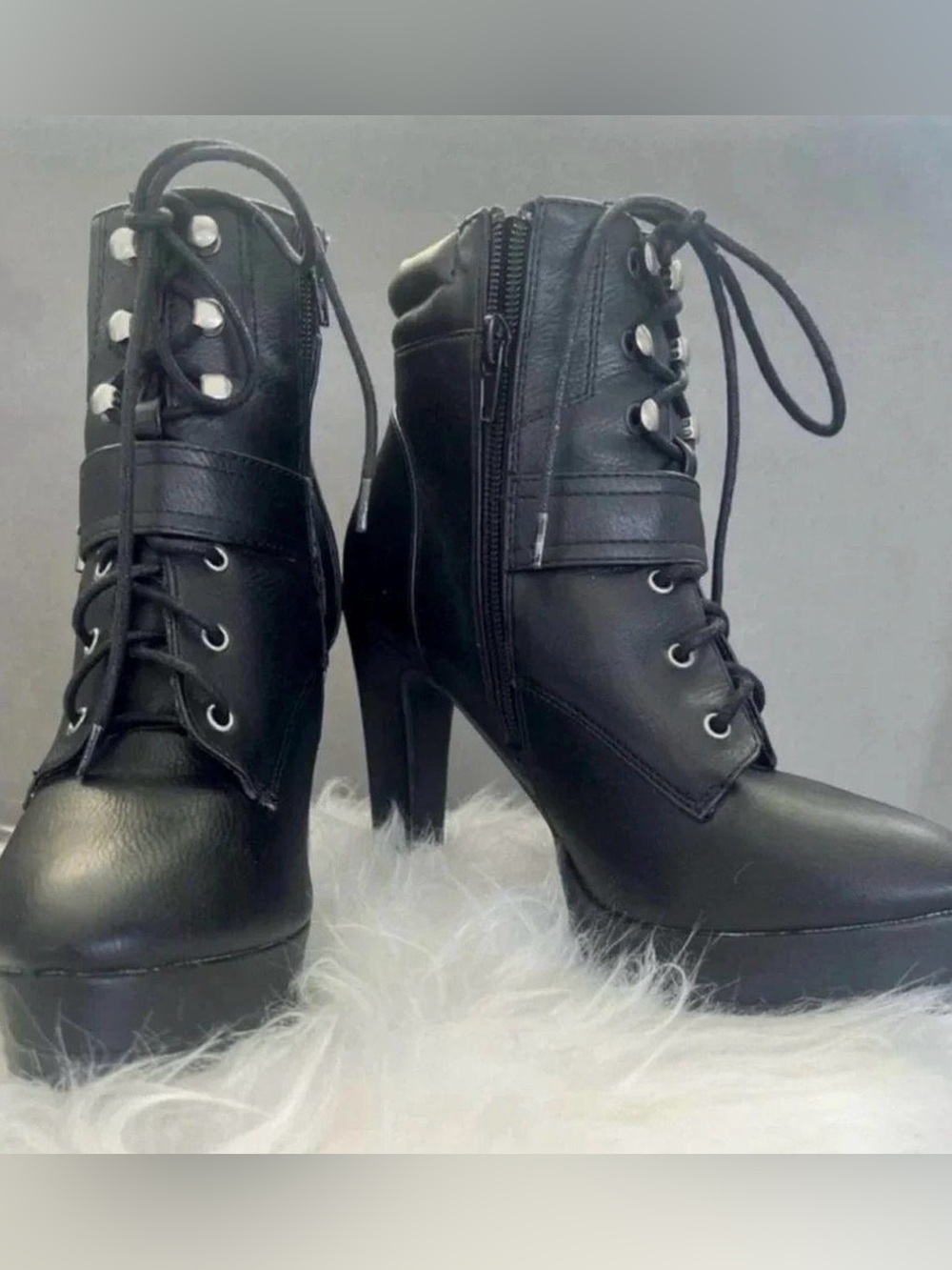 Title: JustFab Black Lace-Up Platform Heeled Booties Size 7